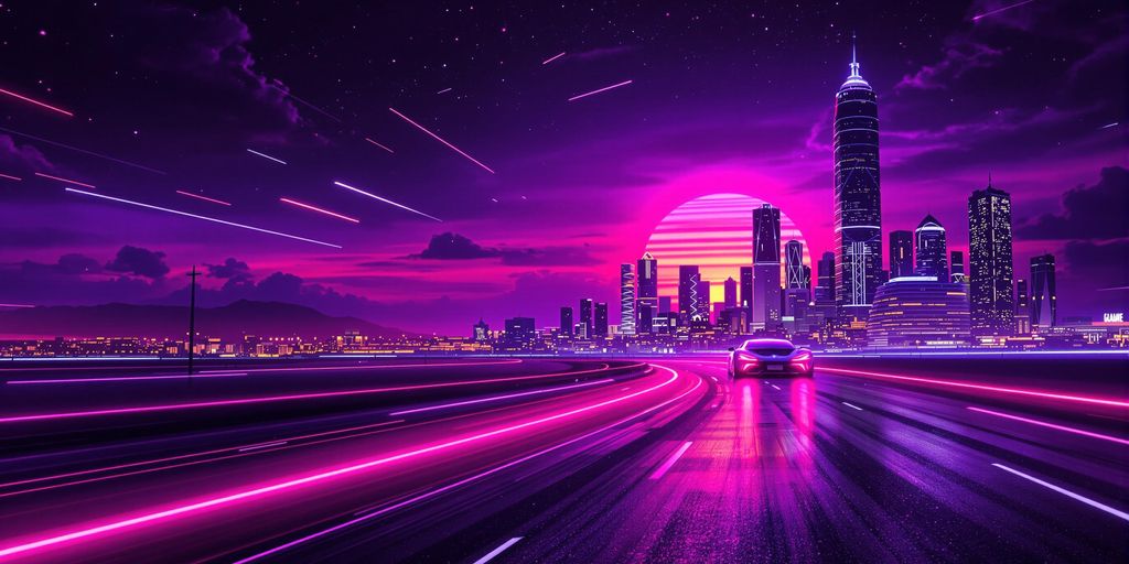 Neon grid, glowing car, futuristic city, sunset sky.
