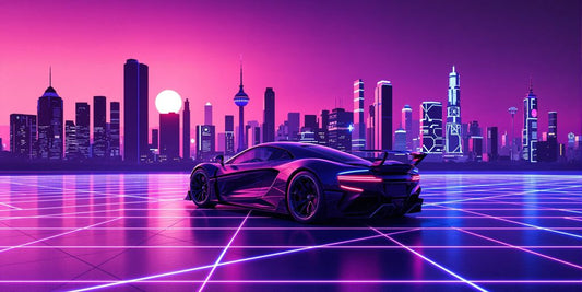 Neon grid lines, sleek car, retro synthwave cityscape.