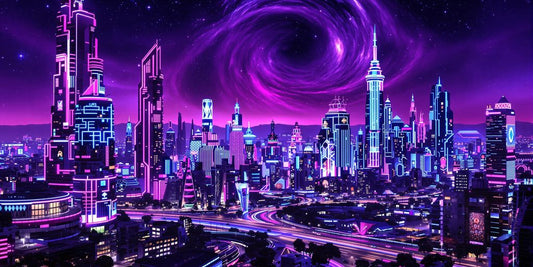 Neon city, retro cars, purple sky, distant nebula.