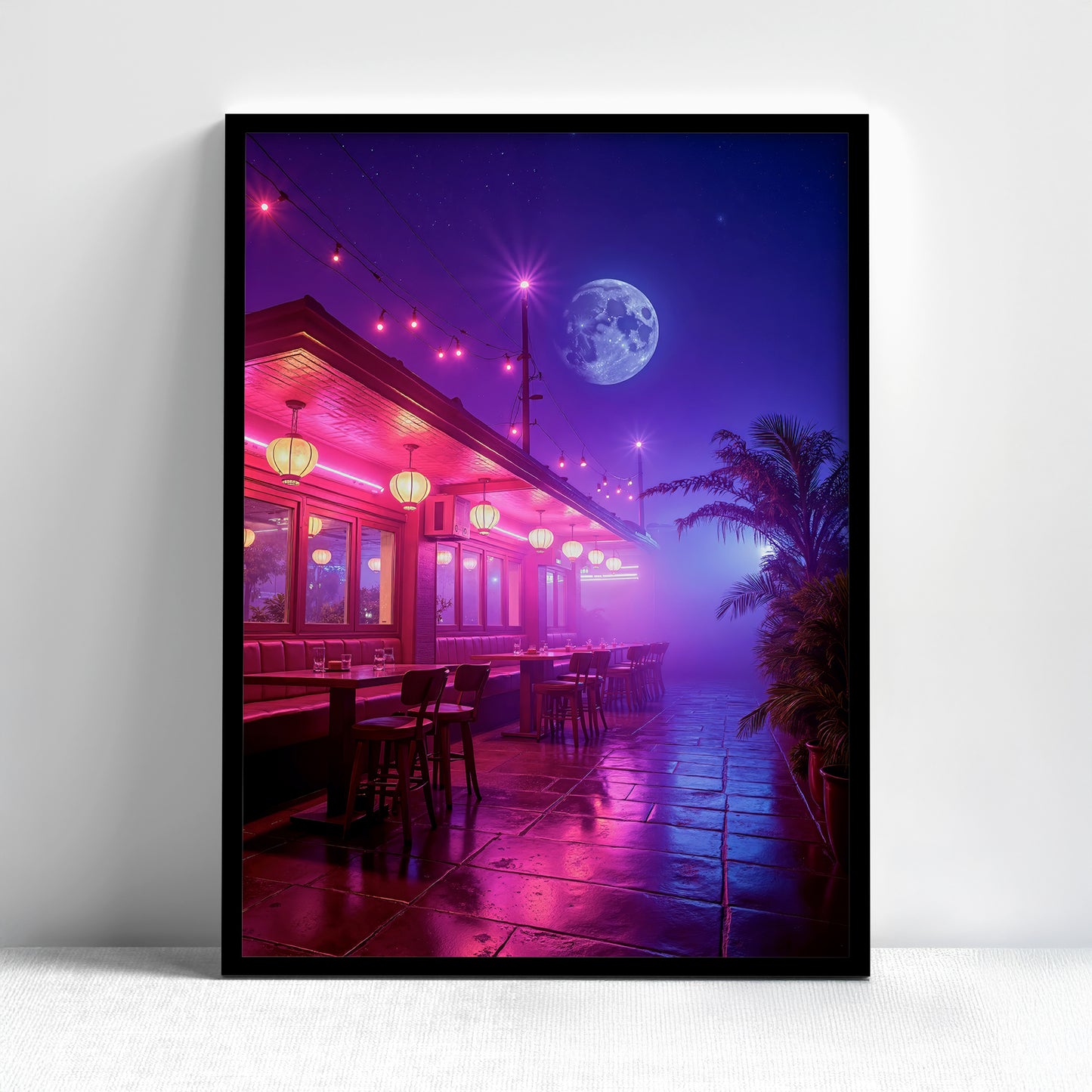 Retro cafe scene under moonlight with vibrant neon colors.