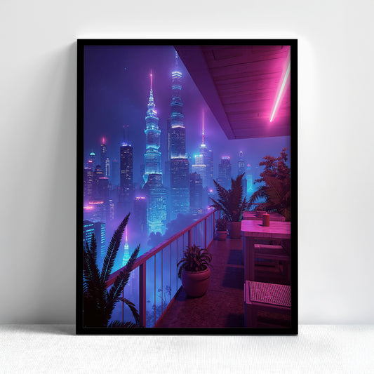 Synthwave cityscape skyline with neon-lit skyscrapers.