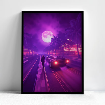 Framed cyberpunk artwork featuring a retro-futuristic night drive under a full moon with glowing city lights and palm trees.