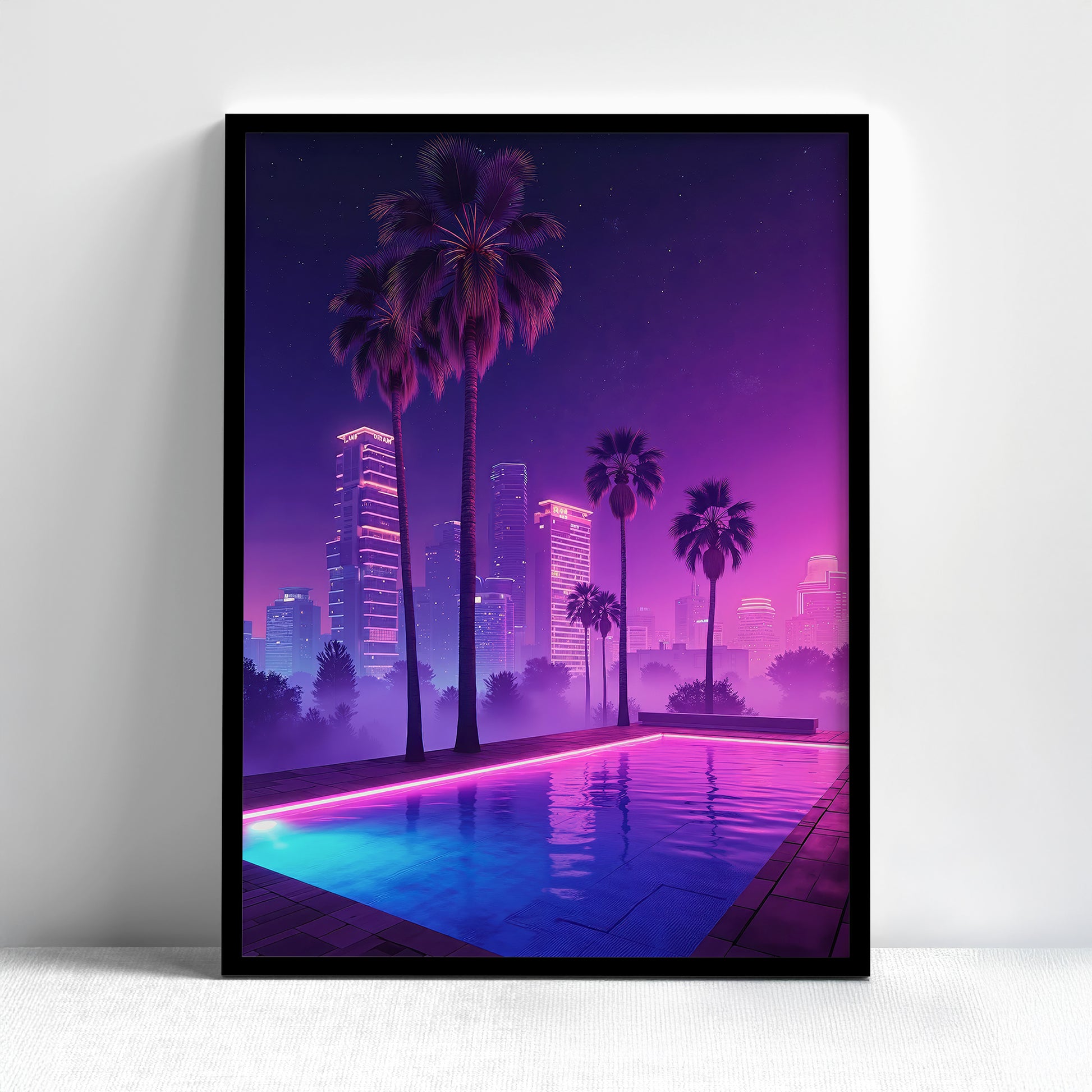 Framed digital artwork of a futuristic poolside with tall palm trees and a glowing cyberpunk cityscape in the background.