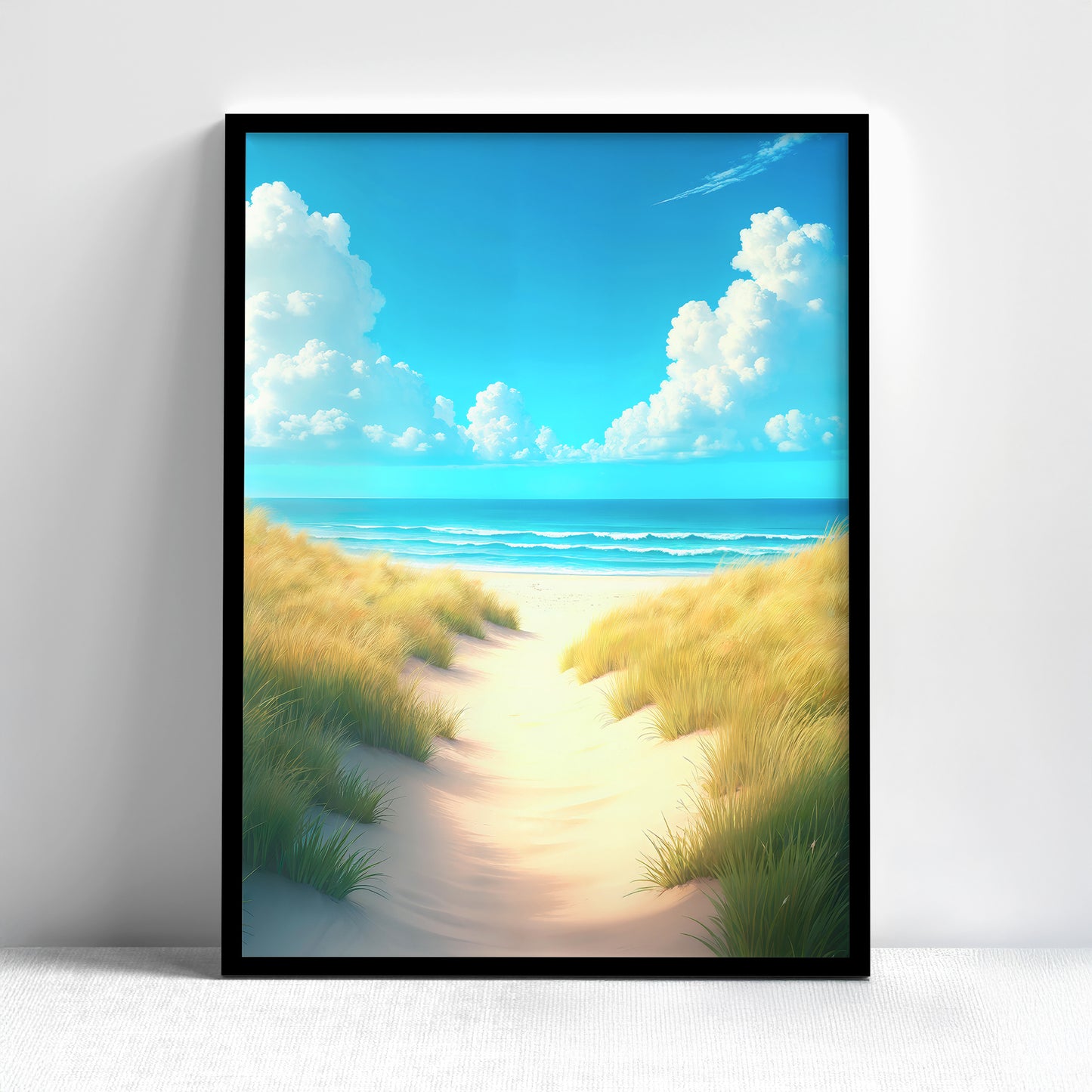 Peaceful beach scene with sunny sky.