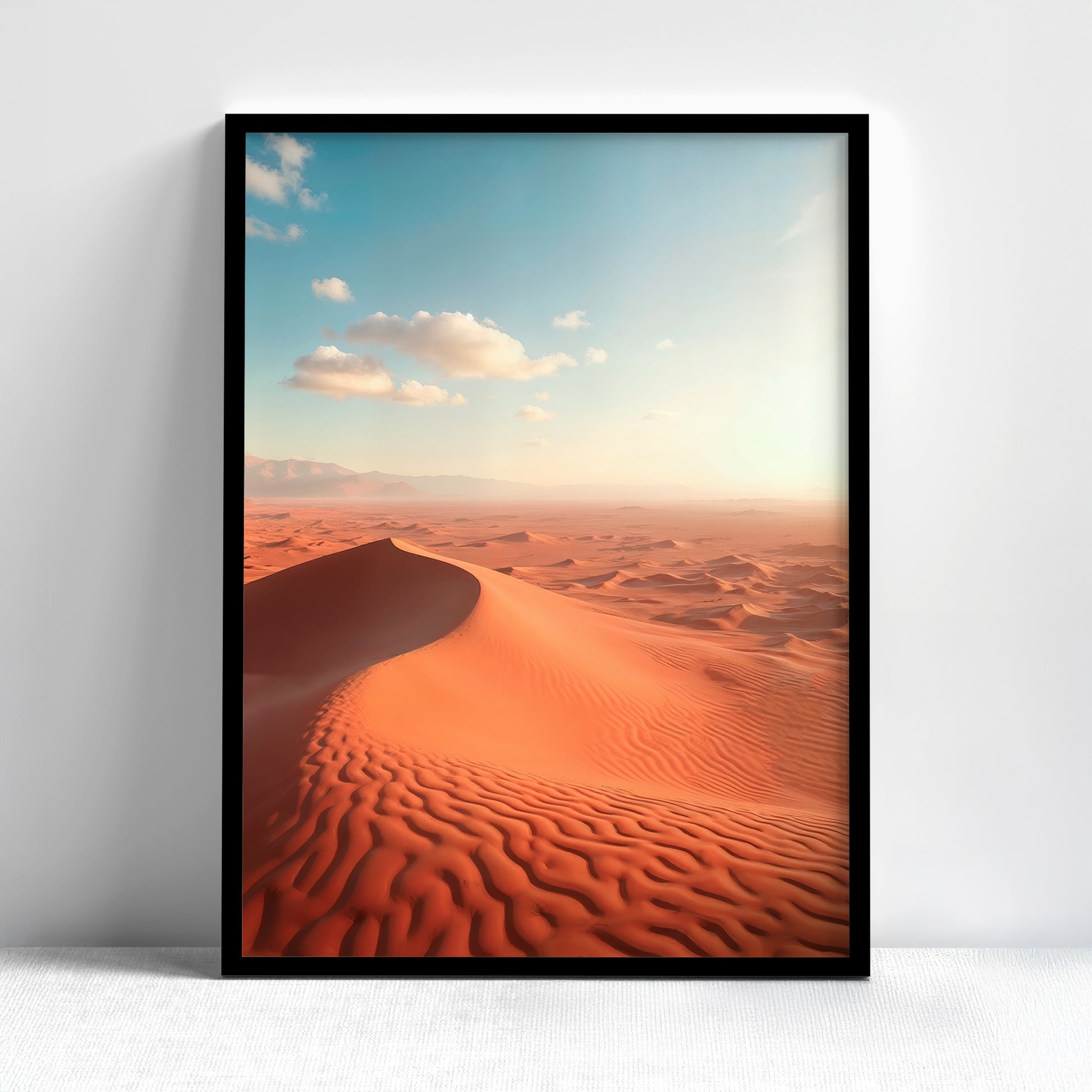 Golden desert sand dunes under blue sky.